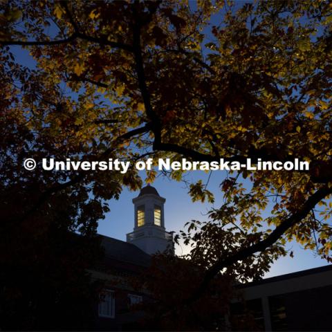 The sun shows through Love Library’s cupola which is framed by fall leaves. Fall on city campus. November 5, 2021. Photo by Craig Chandler / University Communication.