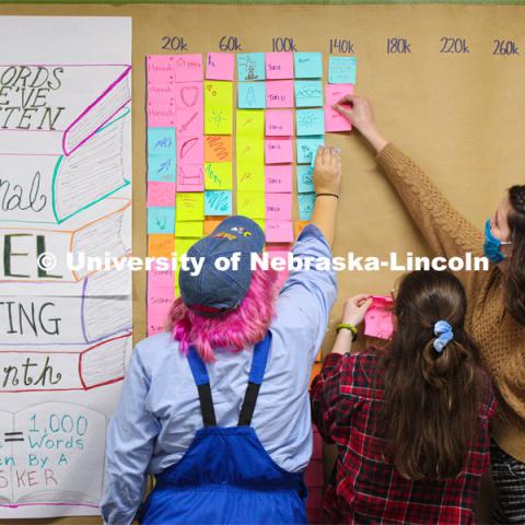 NaNoWriMo students — (from left) Wren Shawhan, Annie Lammes and Victoria Diersen — place sticky notes on the word-tracking board within the Writing Center. It was a novel idea: a class based on the annual challenge of NaNoWriMo — or as it’s known in full, National Novel Writing Month. The annual event has inspired countless creatives to put their pen to paper (or in this case, fingers to the keyboard) to churn out 50,000 words in November.

Novel writing class for honors students. November 10, 2021. Photo by Annie Albin/ University Communication.

