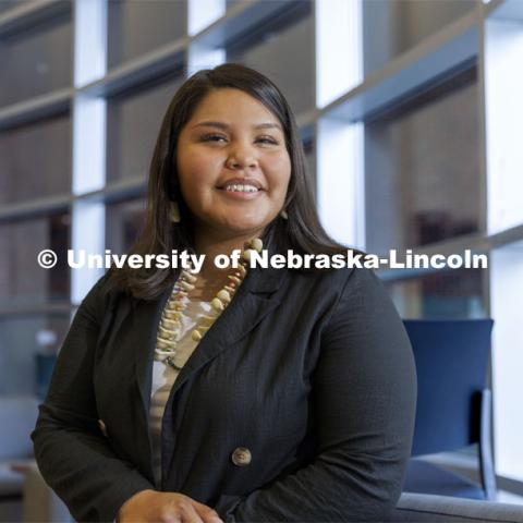 Zeriah George, a member of the Winnebago tribe, is featured in a Native American Heritage Month story. November 12, 2021. Photo by Craig Chandler / University Communication.