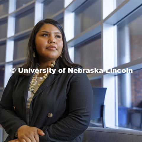 Zeriah George, a member of the Winnebago tribe, is featured in a Native American Heritage Month story. November 12, 2021. Photo by Craig Chandler / University Communication.