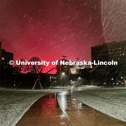 First snow in December on city campus. December 10, 2021. Photo by Katie Black / University Communication.