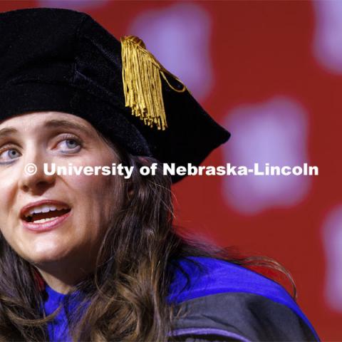 Sarah Gervais gives the commencement address “Where Joy Lives”. Graduate Commencement at Pinnacle Bank Arena. December 17, 2021. Photo by Craig Chandler / University Communication.