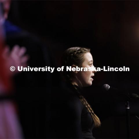 Hannah Healy sings the National Anthem for the Undergraduate Commencement at Pinnacle Bank Arena. December 18, 2021. Photo by Craig Chandler / University Communication.