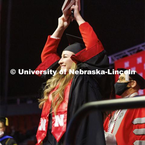 Jacy Miller celebrates her animal science degree Saturday. Undergraduate Commencement at Pinnacle Bank Arena. December 18, 2021. Photo by Craig Chandler / University Communication.