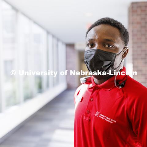 UNLPD Community Service Officer Komlan Akakpo. The CSOs are wearing more casual uniforms in 2022. January 7, 2022. Photo by Craig Chandler / University Communication.