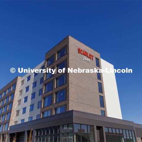 The Scarlet Hotel is nearly finished and is expected to open in the spring. January 28, 2022. Photo by Craig Chandler / University Communication.