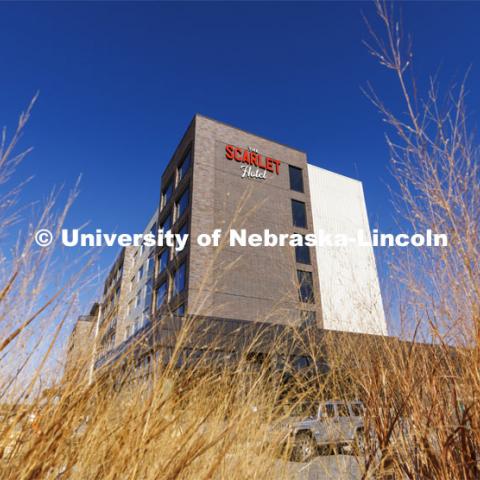 The Scarlet Hotel is nearly finished and is expected to open in the spring. January 28, 2022. Photo by Craig Chandler / University Communication.