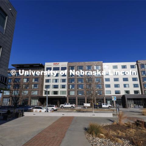 The Scarlet Hotel is nearly finished and is expected to open in the spring. January 28, 2022. Photo by Craig Chandler / University Communication.