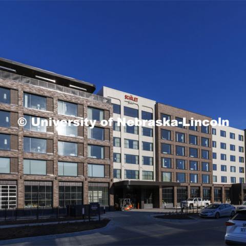 The Scarlet Hotel is nearly finished and is expected to open in the spring. January 28, 2022. Photo by Craig Chandler / University Communication.