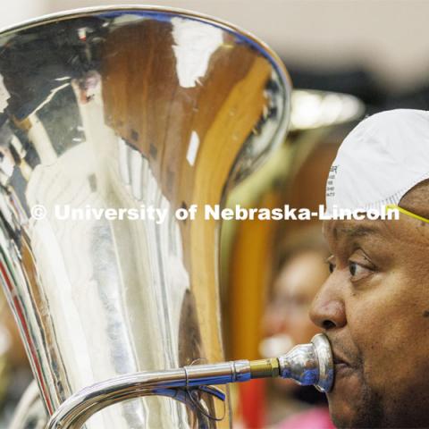 Kabin Thomas is a non-traditional doctoral student in music, specifically tuba performance. He’s able to pursue his doctorate through a fellowship that receives support from Glow Big Red. February 7, 2022. Photo by Craig Chandler / University Communication.