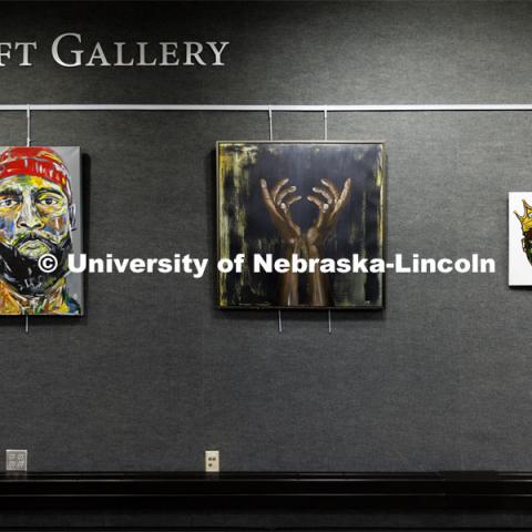 Jevon Woods is a Black artist from Lincoln whose work is on display in the loft gallery at the East Campus Union through this month as part of Black History Month. February 9, 2022. Photo by Craig Chandler / University Communication.