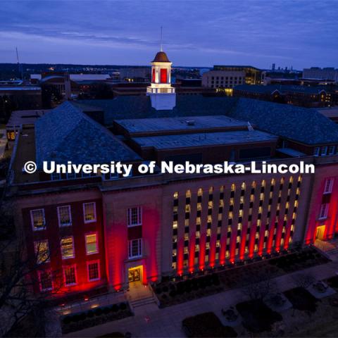 The Love Library and cupola are lit up with red lights for Glow Big Red. February 16, 2022. Photo by Craig Chandler / University Communication.