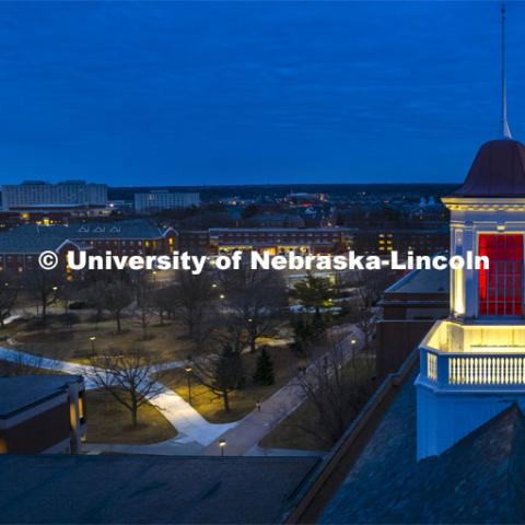 The Love Library and cupola are lit up with red lights for Glow Big Red. February 16, 2022. Photo by Craig Chandler / University Communication.