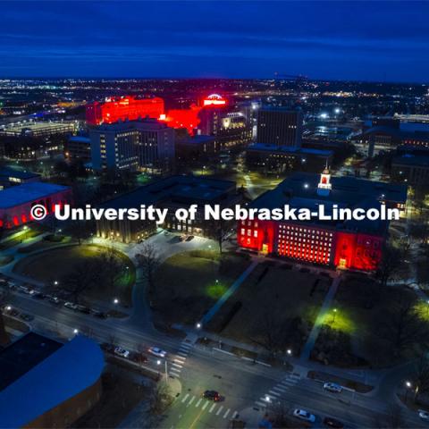 Aerial view of City Camps at night during Glow Big Red. February 16, 2022. Photo by Craig Chandler / University Communication.