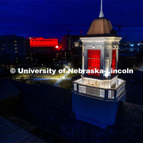 The Love Library and cupola are lit up with red lights for Glow Big Red. February 16, 2022. Photo by Craig Chandler / University Communication.