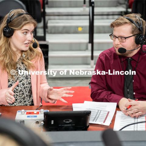 Hailey Ryerson speaks with Geoff Exstrom before the Huskers’ Women’s Basketball match against Minnesota at Pinnacle Bank Arena. February 20, 2022. Photo by Jordan Opp / University Communication.