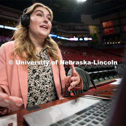 Hailey Ryerson participates in a sound check before the Huskers’ Women’s Basketball match against Minnesota at Pinnacle Bank Arena. February 20, 2022. Photo by Jordan Opp / University Communication.