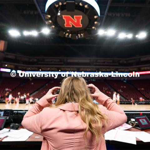 Hailey Ryerson puts on her headphones before the Huskers’ Women’s Basketball match against Minnesota at Pinnacle Bank Arena. February 20, 2022. Photo by Jordan Opp / University Communication.