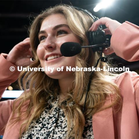 Hailey Ryerson puts on her headphones before the Huskers’ Women’s Basketball match against Minnesota at Pinnacle Bank Arena. February 20, 2022. Photo by Jordan Opp / University Communication.
