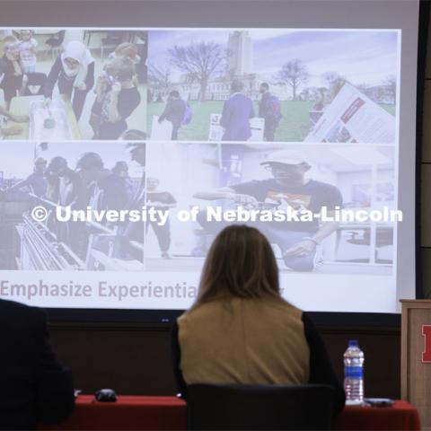 Amy Goodburn, Senior Associate Vice Chancellor and Dean of Undergraduate Education, presents to the group. Chancellor’s group video discussing N2025. February 28, 2020. Photo by Craig Chandler / University Communication.
