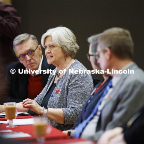 Executive Vice Chancellor Katherine Ankerson talks with the group as Chancellor Ronnie Green listens. Chancellor’s group discussing N2025. February 28, 2020. Photo by Craig Chandler / University Communication.