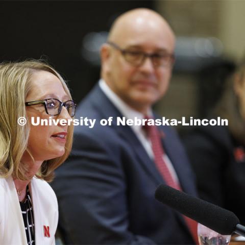 Shari Veil, Dean of the College of Journalism and Mass Communication, talks with the group. Chancellor’s group discussing N2025. February 28, 2020. Photo by Craig Chandler / University Communication.