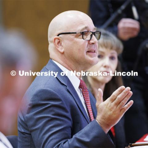 Mike Boehm, Vice Chancellor for Institute of Agriculture and Natural Resources, talks with the group. Chancellor’s group discussing N2025. February 28, 2020. Photo by Craig Chandler / University Communication.