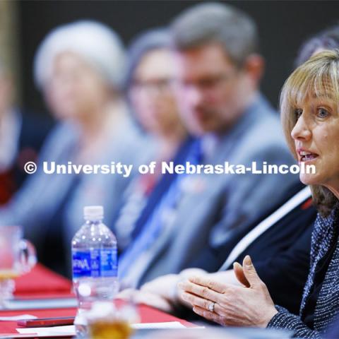 Kathy Farrell, Dean of the College of Business, talks with the group. Chancellor’s group discussing N2025. February 28, 2020. Photo by Craig Chandler / University Communication.