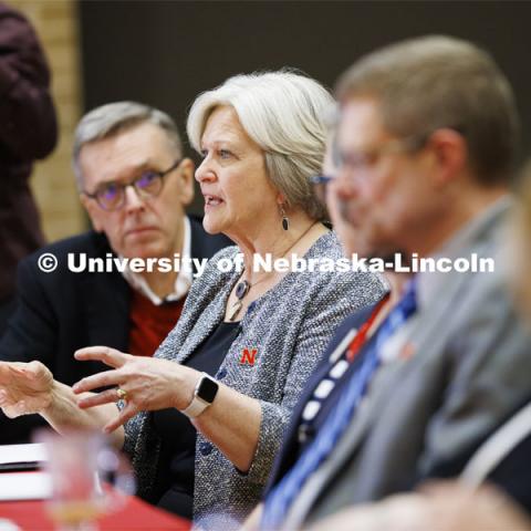 Executive Vice Chancellor Katherine Ankerson talks with the group as Chancellor Ronnie Green listens. Chancellor’s group discussing N2025. February 28, 2020. Photo by Craig Chandler / University Communication.