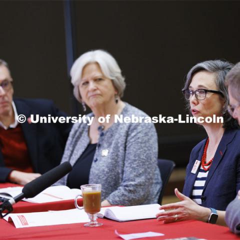 Claire Stewart, Dean of University Libraries, talks with the group. Chancellor’s group discussing N2025. February 28, 2020. Photo by Craig Chandler / University Communication.