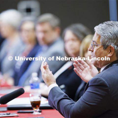 Lance Perez, Dean of the College of Engineering, talks with the group. Chancellor’s group discussing N2025. February 28, 2020. Photo by Craig Chandler / University Communication.