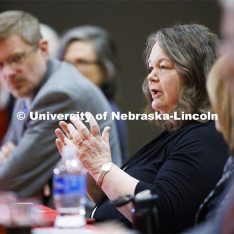 Debra Hope, Associate Vice Chancellor and Dean of Graduate Education, talks with the group. Chancellor’s group discussing N2025. February 28, 2020. Photo by Craig Chandler / University Communication.