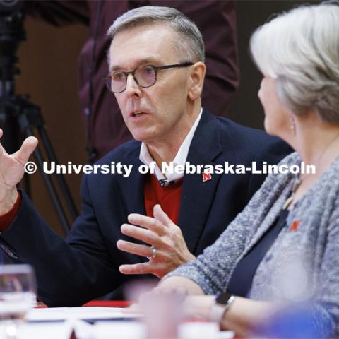 Chancellor Ronnie Green talks with the group as Executive Vice Chancellor Katherine Ankerson listens. Chancellor’s group discussing N2025. February 28, 2020. Photo by Craig Chandler / University Communication.