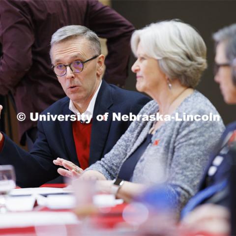 Chancellor Ronnie Green talks with the group as Executive Vice Chancellor Katherine Ankerson listens. Chancellor’s group discussing N2025. February 28, 2020. Photo by Craig Chandler / University Communication.