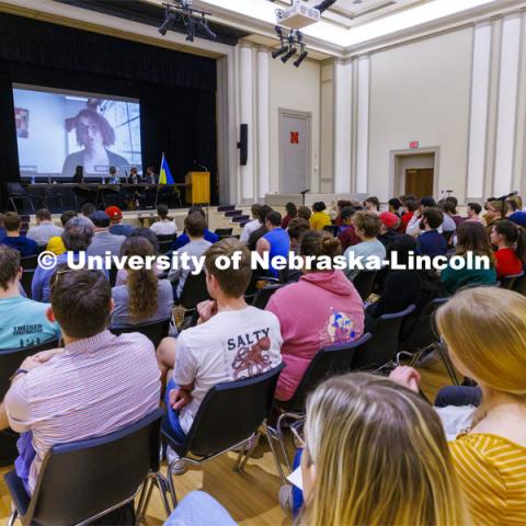 Olha Tytarenko, an Associate Professor of Practice in Ukrainian Studies, spoke to the audience via zoom. Stand With Ukraine! panel discussion in the Nebraska Union ballroom Tuesday afternoon. March 1, 2022. Photo by Craig Chandler / University Communication.