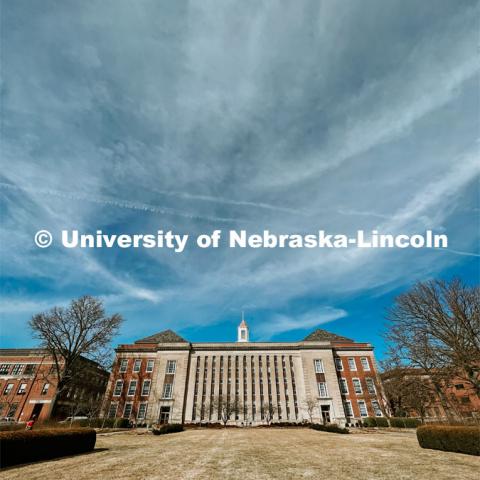 Exterior view of the south side Love Library. City Campus. March 3, 2022. Photo by Taylor DeMaro / University Communication.