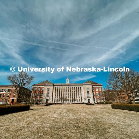 Exterior view of the south side Love Library. City Campus. March 3, 2022. Photo by Taylor DeMaro / University Communication.