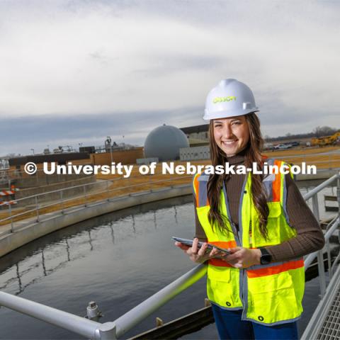 Tessa Yackley, junior in civil engineering, is a member of the UNL Society of Women Engineers who currently interns with Olsson Associates. Yackley wants to apply her engineering skills to waste water management because she believes clean water is so vital to everyone. March 4, 2022. Photo by Craig Chandler / University Communication.