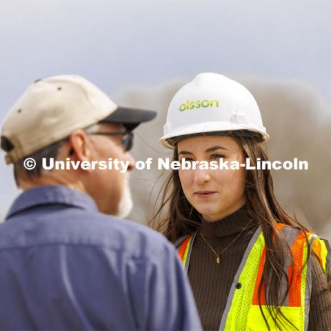 Tessa Yackley, junior in civil engineering, is a member of the UNL Society of Women Engineers who currently interns with Olsson Associates. Yackley, talks with Jim Holz, waste water plant operator at Lincoln’s Northeast Wastewater Treatment Facility. Yackley wants to apply her engineering skills to waste water management because she believes clean water is so vital to everyone. March 4, 2022. Photo by Craig Chandler / University Communication.