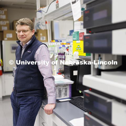Nebraska’s Oleh Khalimonchuk, professor and interim director of biochemistry. is seen here in his lab at the Beadle Center, studies the role of mitochondria in biological processes and human disease. Khalimonchuk is working to set up fellowships to bring fellow Ukrainian academics to Nebraska. March 7, 2022. Photo by Craig Chandler / University Communication.