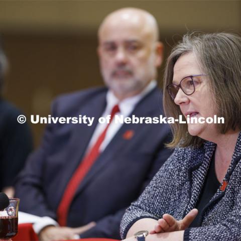 Sherri Jones, Dean of the College of Education and Human Sciences, talks with the group. Chancellor’s group discussing N2025. March 10, 2022. Photo by Craig Chandler / University Communication.