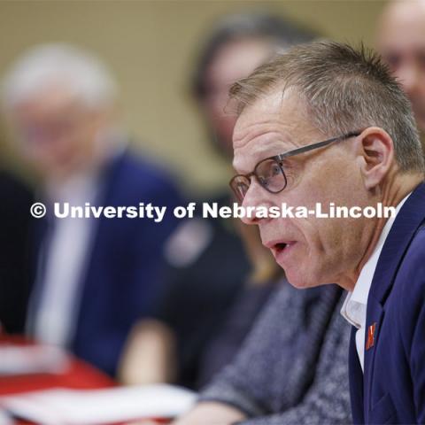 Mark Button, Dean of the College of Arts and Sciences, talks with the group. Chancellor’s group discussing N2025. March 10, 2022. Photo by Craig Chandler / University Communication.