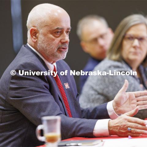 Charles Stoltenow, Dean of the Cooperative Extension Division, talks with the group. Chancellor’s group discussing N2025. March 10, 2022. Photo by Craig Chandler / University Communication.