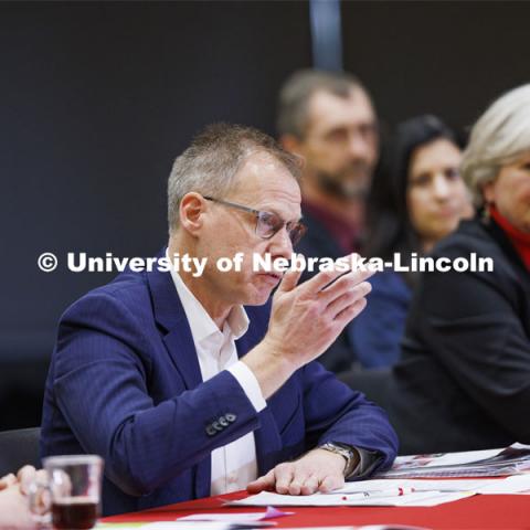 Mark Button, Dean of the College of Arts and Sciences, talks with the group. Chancellor’s group discussing N2025. March 10, 2022. Photo by Craig Chandler / University Communication.