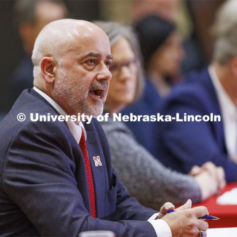 Charles Stoltenow, Dean of the Cooperative Extension Division, talks with the group. Chancellor’s group discussing N2025. March 10, 2022. Photo by Craig Chandler / University Communication.