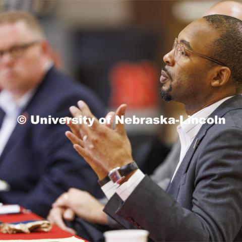 Marco Barker, Vice Chancellor for Diversity and Inclusion, talks with the group. Chancellor’s group discussing N2025. March 10, 2022. Photo by Craig Chandler / University Communication.