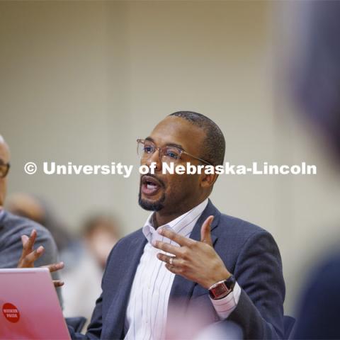 Marco Barker, Vice Chancellor for Diversity and Inclusion, talks with the group. Chancellor’s group discussing N2025. March 10, 2022. Photo by Craig Chandler / University Communication.