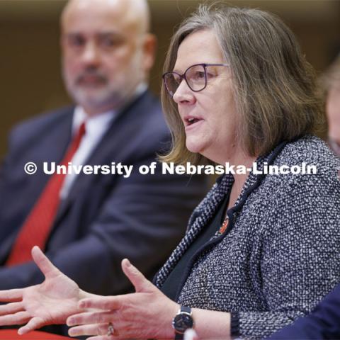 Sherri Jones, Dean of the College of Education and Human Sciences, talks with the group. Chancellor’s group discussing N2025. March 10, 2022. Photo by Craig Chandler / University Communication.