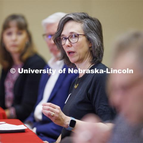 Claire Stewart, Dean of University Libraries, talks with the group. Chancellor’s group discussing N2025. March 10, 2022. Photo by Craig Chandler / University Communication.