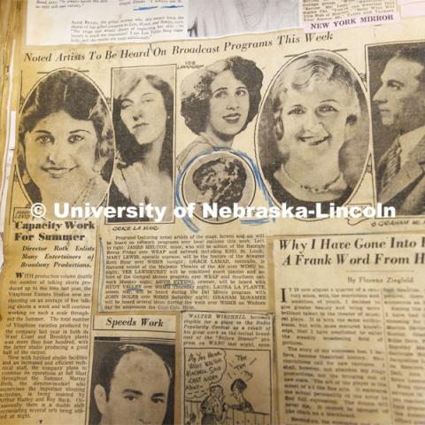 A scrapbook is on display from the Ruth Etting Archives. Etting, a native of David City, Nebraska, was one of the most popular singing stars of the late 1920s and early 1930s. The markings in the scrapbook were made by its original owner. Anita Breckbill, professor, oversees the Hixon-Lied School of Fine and Performing Arts music library in the basement of the Westbrook Music Center. March 18, 2022. Photo by Craig Chandler / University Communication.